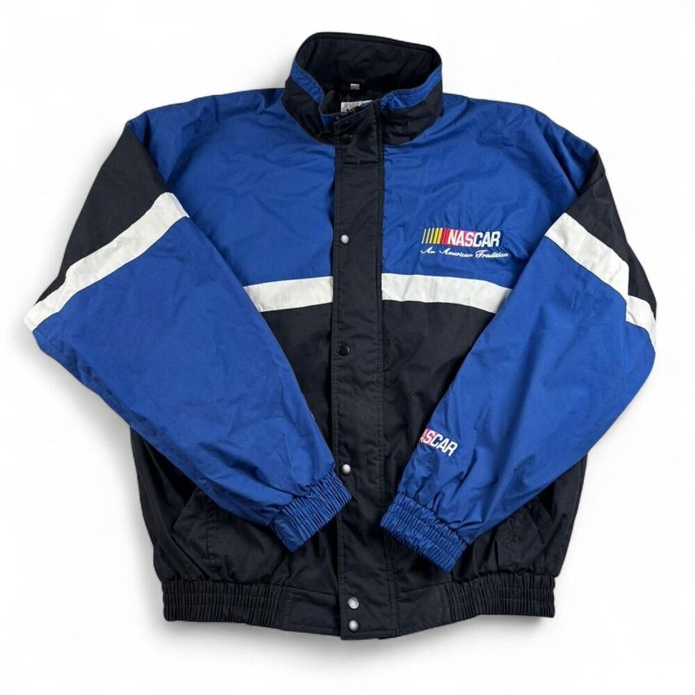 Vintage NASCAR Racing Jacket Blue Black Colorblock Windbreaker Men’s Large 90s